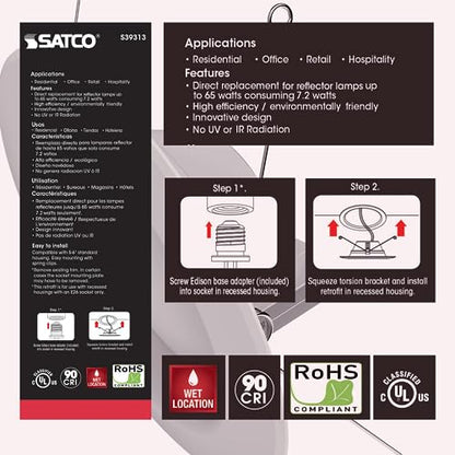 Satco S39313 7.2 Watt LED Downlight Retrofit; 5-6 Inches; 3000K; 120 Volt; White Finish, for Industrial,Residencial,Commercial 6 Bulbs