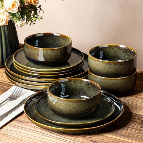 TheTerra Ceramic Dinnerware Set for 4, 12-Piece Plates and Bowls Set - color: Olive Green, size: Set (12pcs)
