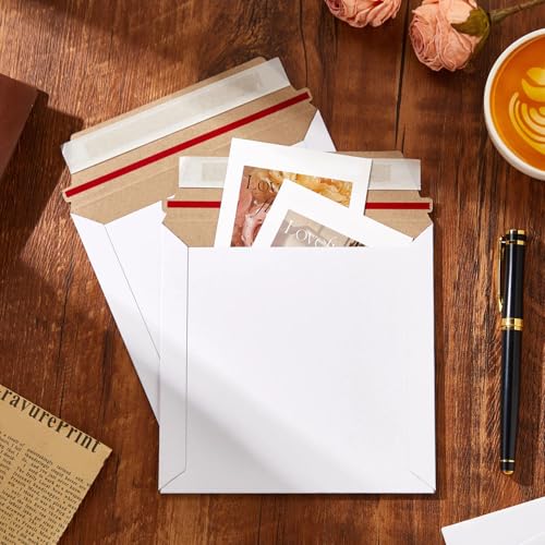 Fainne 200 Pcs 6 x 6'' Rigid Mailers 400 GSM Keep Flat Cardboard Mailers Shipping Cardboard Envelopes Disc DVD CD Envelopes with Self Adhesive Flap and Tear off Strip for Mailing Photo (White)