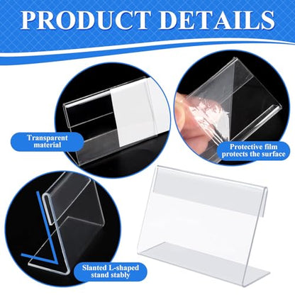 36 Mini Acrylic Sign Holder Name Card Price Tag Label Holder with 36 PCS Blank Labels Slanted L-Shape Plastic Name Card Price Card Tag Label Counter Top Stand