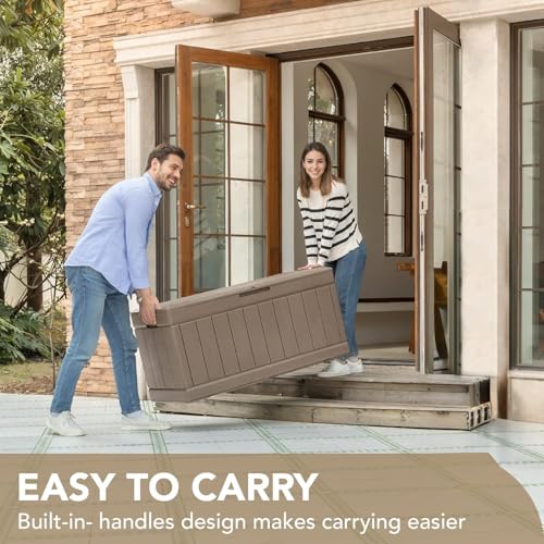 Devoko 85 Gallon Deck Box Lockable Resin Outdoor Storage Box waterproof Outdoor Container for Patio Furniture Cushions, Pillow (Light Brown) - color: Light Brown, size: 85 Gallon without Cushion