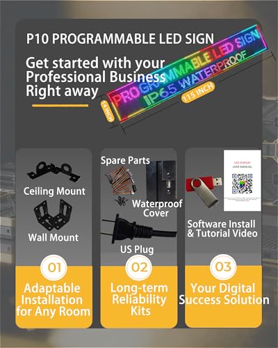 P10 Programmable Scrolling LED SIGN 115"×14" LED Display, 4000cd/m³ High Brightness led Display with WIFI+USB, Waterproof Outdoor Digital Sign Screen, SMD Technology Open Sign for Advertising Advertising - size: P10 115*14 INCH