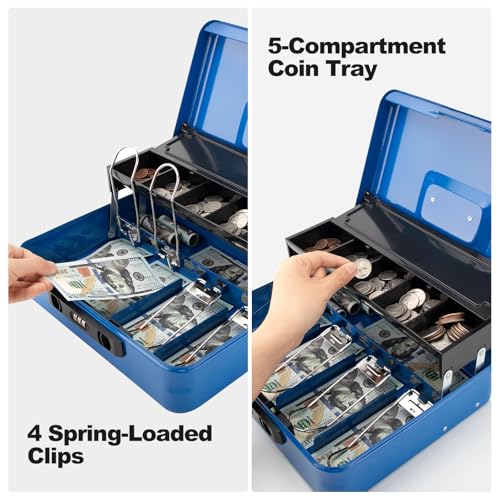Cash Box with Snap Latch Combination Lock and Sliding Coin Lid, Secure Cash Box with Money Tray and Lock, Durable Safe Money Box for Home and Office,Blue,11.8"L x 9.5"W x 3.5"H - color: Deep Cobalt