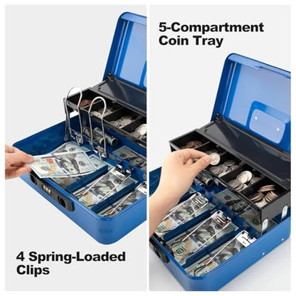 Cash Box with Snap Latch Combination Lock and Sliding Coin Lid, Secure Cash Box with Money Tray and Lock, Durable Safe Money Box for Home and Office,Blue,11.8"L x 9.5"W x 3.5"H - color: Deep Cobalt