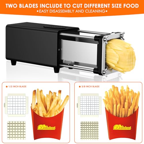 SIXRARI Electric French Fry Cutter, French Fries Cutter with 1/2 & 3/8 Inch Blade, Automatic Potato Cutter, Professional Commercial and Household Potato Slicer, Use for Cucumbers, Carrot, Apples - color: Black