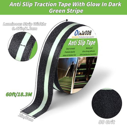 Oleitodh Anti-Slip Traction Tape, 2In x 60Ft, Glow-in-Dark Green Stripe - color: Luminescent, size: 2 in x 60 ft