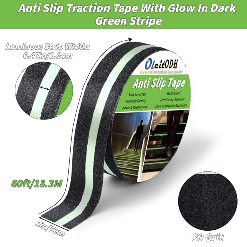 Oleitodh Anti-Slip Traction Tape, 2In x 60Ft, Glow-in-Dark Green Stripe - color: Luminescent, size: 2 in x 60 ft