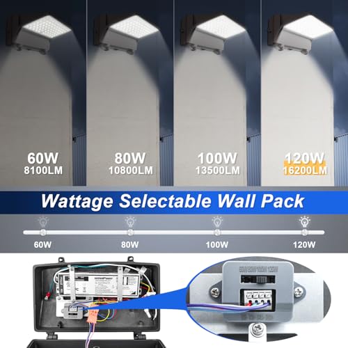 120W LED Full Cut-Off Wall Pack Light with Photocell, 5000K Wattage Tunable - size: 60/80/100/120W