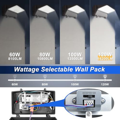 120W LED Full Cut-Off Wall Pack Light with Photocell, 5000K Wattage Tunable - size: 60/80/100/120W