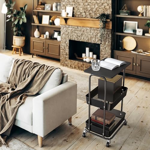 Simple Houseware 2-Tier Rolling Utility Cart Wood Top/Lockable Wheel, Black - color: Black