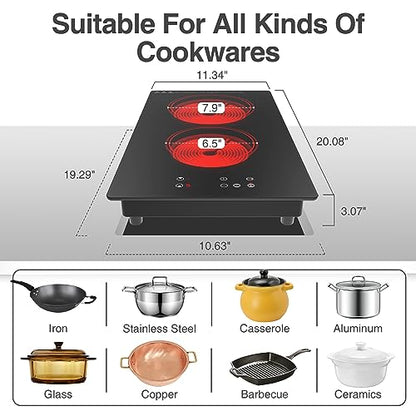 GIHETKUT Electric Cooktop,Built-in and Countertop Electric Stove Top, 2100W 110V Electric Burner 9 Heating Level, Timer & Kid Safety Lock, Sensor Touch Control 2 Burner Electric Cooktop. - size: 2 burner cooktop