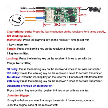 Smart Home 433MHz Universal Mini Wireless RF Remote Control Switch DC 5V 6V 9V 12V Electromagnetic Lock Fingerprint Lock Relay Output Control Module (Latching-1 Switch)