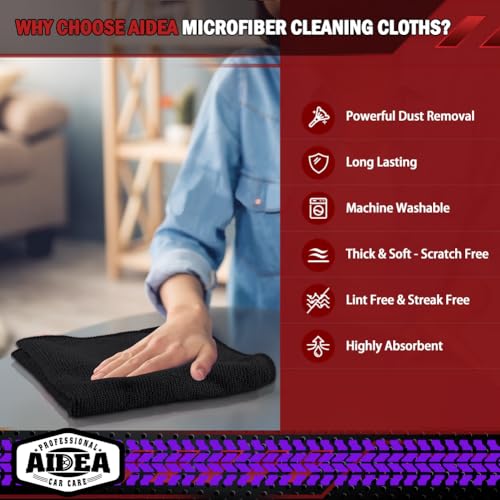 AIDEA Microfiber Cleaning Cloth Black 50PK, Cleaning Rags 12×12" - color: Black, size: 50PK