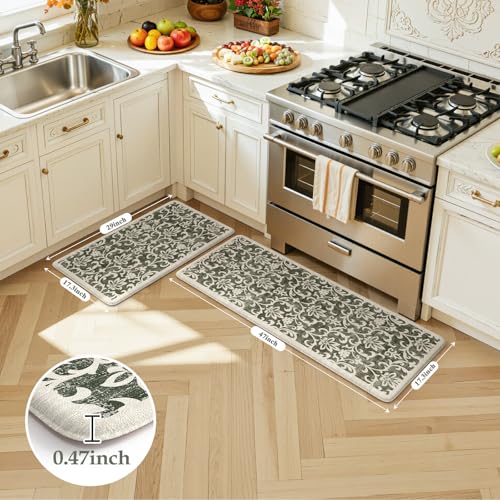 LEEVAN Anti Fatigue Kitchen Mats for Floor, Cushioned Kitchen Mat Set 2PCS - color: Green, size: 17.3"x29"+17.3"x47"-0.47inch