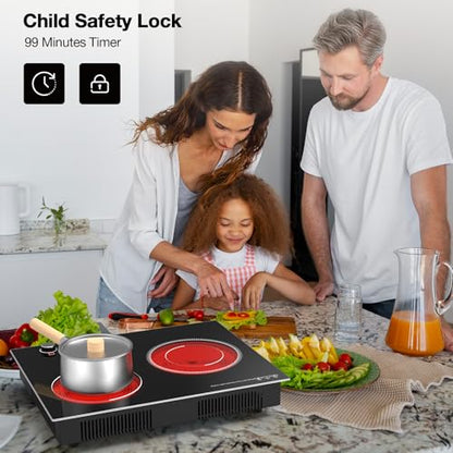 VBGK Electric Cooktop,2100W Built-in & Countertop 2 Burner Electric Cooktop,Electric Stove Top with10 Heating Level, Timer & Kid Safety Lock, LED Knob Touch Control Electric Burner with Plug - size: Double Burner Electric Cooktop