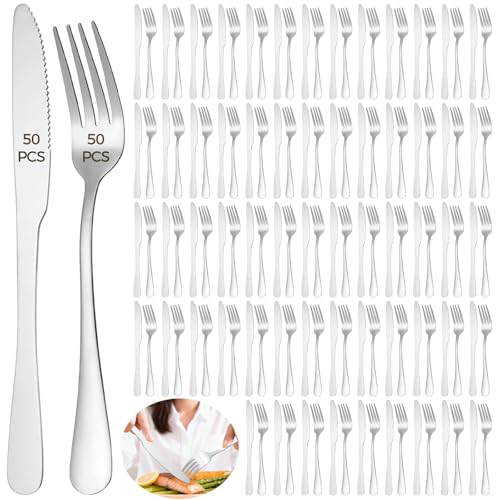 100 Pcs Silverware Set - Includes 50 Forks and 50 Knives - Stainless Steel Forks and Knives Flatware Tableware Cutlery Set for Wedding Dinner Party Restaurant Holiday Party