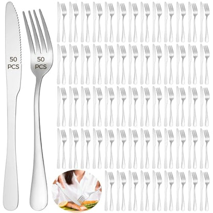 100 Pcs Silverware Set - Includes 50 Forks and 50 Knives - Stainless Steel Forks and Knives Flatware Tableware Cutlery Set for Wedding Dinner Party Restaurant Holiday Party
