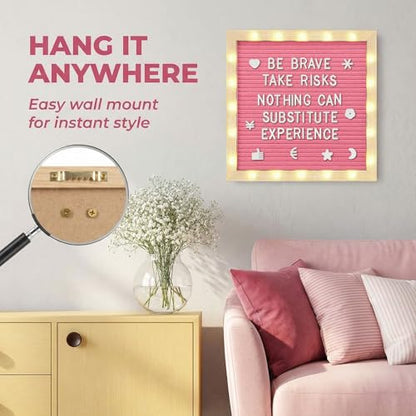 10 x 10 Inches Felt Letter Board & LED Light, Pink, Natural Wood - color: Pink, size: 10 x 10 Inches, style: Natural Wood