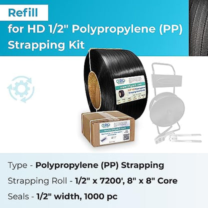 IDL Packaging Refill for 1/2" HD Polypropylene (PP) Strapping - 1/2" x 7200' Roll, 8" x 8" Core, 1000 Open Seals - size: 8" x 8" Core Coil + 1000 Seals, style: 600 lbs Break Strength