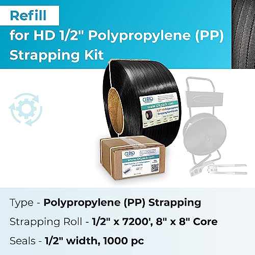 IDL Packaging Refill for 1/2" HD Polypropylene (PP) Strapping - 1/2" x 7200' Roll, 8" x 8" Core, 1000 Open Seals - size: 8" x 8" Core Coil + 1000 Seals, style: 600 lbs Break Strength