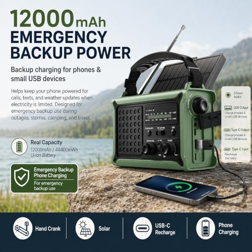 Emergency Weather Radio, 12000mAh Solar Hand Crank NOAA Radio, Army Green - color: ARMY GREEN