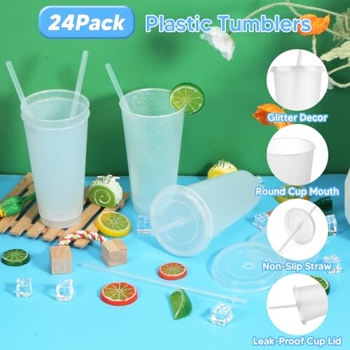 24 Pack Plastic Tumblers with Lids and Straw, Reusable Cups with Lids and Straws White Cups for Cold Drink Iced Coffee, Plastic Tumbler Bulk for Party Birthday Gifts (24 oz, White) - color: White-24pcs