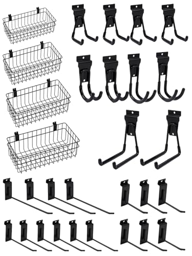 Slatwall Accessories Slatwall Hook Slat Wall Hanging Hook Garage, Slat Wall Accessory Includes 4 Pack Slatwall Baskets Set and 26 PCS Multisized Heavy Duty Slatwall Hooks (30 Hook) - color: Black, size: 30pcs