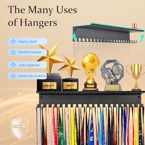 iBobbish Metal Medal Hanger Display,Non-Slip Trophy Shelf with 20 Hooks,Wall Mount,Heavy Duty,Non-Bent,Holds 22-33lbs,for Gymnastics,Race,Soccer,Swim - color: Black, style: CLASSIC BLACK