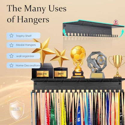 iBobbish Metal Medal Hanger Display,Non-Slip Trophy Shelf with 20 Hooks,Wall Mount,Heavy Duty,Non-Bent,Holds 22-33lbs,for Gymnastics,Race,Soccer,Swim - color: Black, style: CLASSIC BLACK