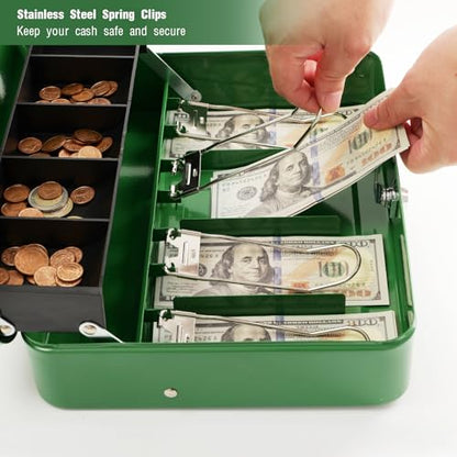 Cash Box with Money Tray and Lock, Metal Money Box for Cash Register 4 Keys - color: Green