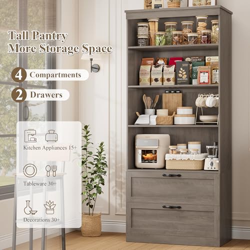 HOSTACK 70" Kitchen Pantry Storage Cabinet, Farmhouse Pantry Cabinet, Grey - color: Ash Grey