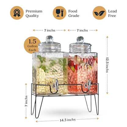 Beverage Dispensers - Set of 2 Glass Drink Dispensers with Metel Stand - 1.5-Gallon Capacity - Perfect for Lemonade, Juice, Water, Iced Tea, Punch - color: Clear - 1.5 Gallon 2 Pack