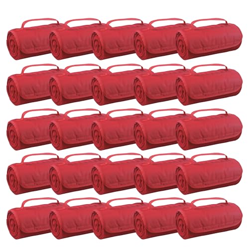 25 Ct of Roll-Up Blankets for Camping, Travel, Outdoors, Beach, Picnics – Red – Hook + Loop Closure for Easy Use in Cars & on Airplanes – Customizable for Promotions & Events - color: Red