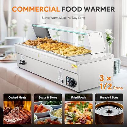 WILPREP 3-Pan Commercial Food Warmer with Sneeze Guard, Three 1/2 Pans, 1500W Countertop Electric Steam Table, 86-185°F Adjustable Temp Control, Stainless Steel Buffet Bain Marie - size: 1/2 pan*3