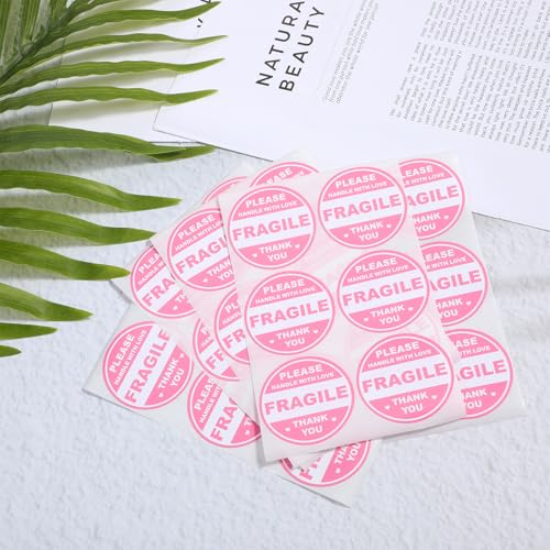 ElevateTech 2 inch 300 PCS Fragile Sticker Pink Round Fragile Labels Cute FragileSticker Handle with Care Thank You Label for Shipping Moving Glass Permanent Adhesive FragileLabels (150 Round)
