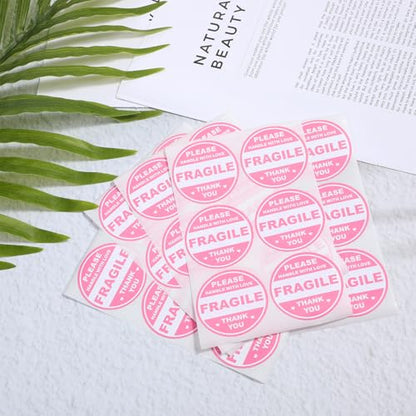 ElevateTech 2 inch 300 PCS Fragile Sticker Pink Round Fragile Labels Cute FragileSticker Handle with Care Thank You Label for Shipping Moving Glass Permanent Adhesive FragileLabels (150 Round)
