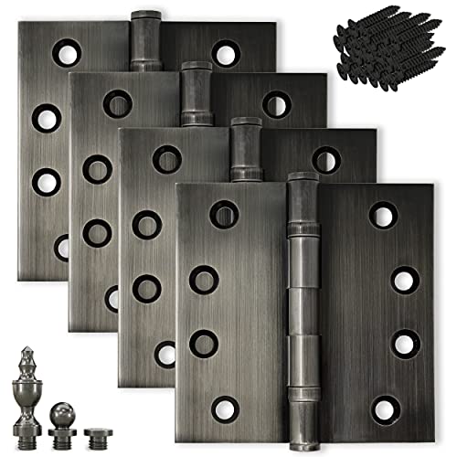Solid Brass Door Hinge Heavy Duty Ball Bearing Polished 4x4 Inch with Decorative Screw-on Tips Included - Set of 24 Hinges (Pewter) - color: Pewter