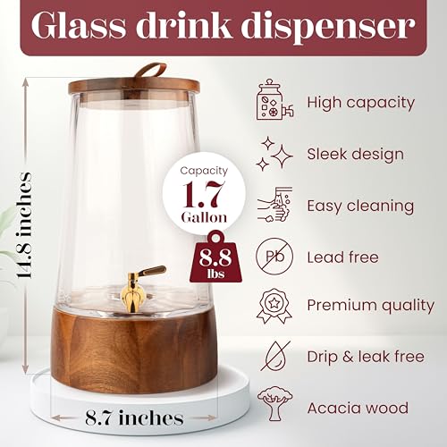 FOODLE Glass Drink Dispenser with Spigot - Beverage Dispenser with Stand - size: 1.72 Gallon