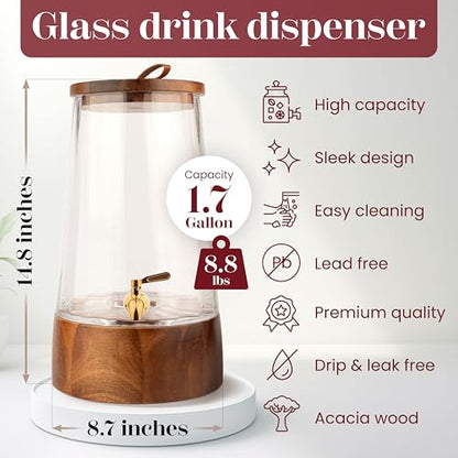 FOODLE Glass Drink Dispenser with Spigot - Beverage Dispenser with Stand - size: 1.72 Gallon