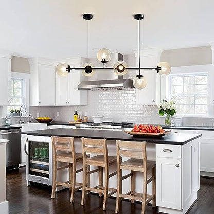 KCO Lighting 6-Light Modern Globe Sputnik Chandelier Mid Century Black Pendant Light Chandelier Dining Room Linear Pendant Lighting Kitchen Island Adjustable Pendant Light Fixtures (Black+Amber) - color: Black