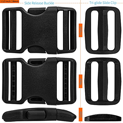 Buckles for 1-1/2 inch Wide Webbing Straps: Quick Side Release Buckle 4 set and Tri-Glide Slide 8 pcs Fit 1.5" Nylon Web Belt, Plastic Snap Fastener Clip Heavy Duty Replacement Dual Adjustable - size: 4 Set for 1-1/2 inch Webbing