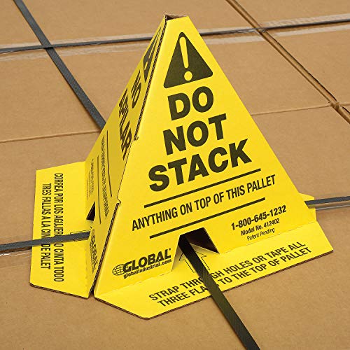 Global Industrial Trilingual "Do Not Stack" Printed Pallet Cones, 8"W x 8"L x 10"H, Corrugated Cardboard Construction, Yellow, 50/Pk, Prevents Double Stacking, Ships Flat
