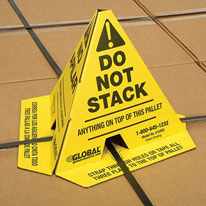 Global Industrial Trilingual "Do Not Stack" Printed Pallet Cones, 8"W x 8"L x 10"H, Corrugated Cardboard Construction, Yellow, 50/Pk, Prevents Double Stacking, Ships Flat