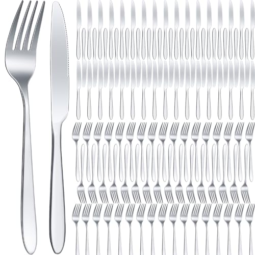 Nuenen 100 Pcs Stainless Steel Forks and Knives, Silver 8.4" 7.1" - color: Silver, size: 8.4 Inches, 7.1 Inches