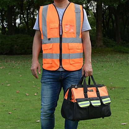 zojo High Visibility Reflective Safety Vest with Multi Pockets 10 Pack Bulk - color: Neon Orange, size: X-Large