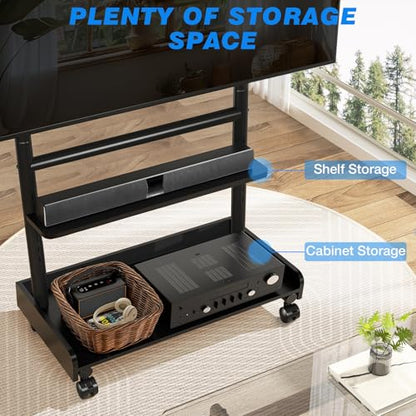 Rfiver Heavy Duty Rolling TV Stand with Wheels for Most 40-86 Inch TVs up to 150lbs, Height Adjustable Mobile TV Stand with Shelf, Floor TV Stand for Living Room, TV Cart Max VESA 600x400mm (Black) - color: Black