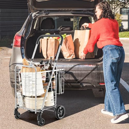 Goplus Folding Shopping Utility Cart, Double Basket and 360° Swivel Wheels, Adjustable Handle, Small Cart Perfect for Grocery Laundry Book Luggage Travel - color: Silver