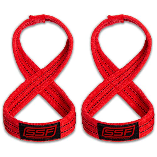 SERIOUS STEEL FITNESS Red Figure 8 Lifting Straps | Deadlift & Strongman Axle Straps - 3 Sizes - color: Red, size: (60 CM - Less than 7.25" Wrist)