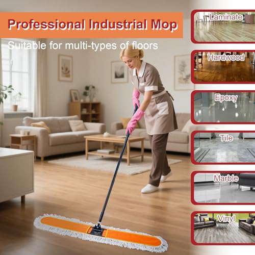 48" Commercial Dust Mop, Heavy Duty Floor Duster with 60" Long Handle - size: 48 inch