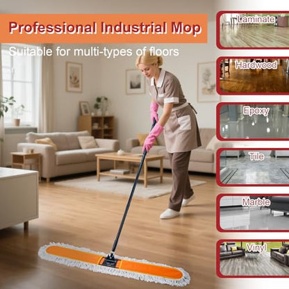 48" Commercial Dust Mop, Heavy Duty Floor Duster with 60" Long Handle - size: 48 inch